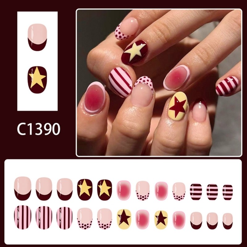 Trendy Polkas Dot Striped Press On Nail With Five Point Stars For Women Party