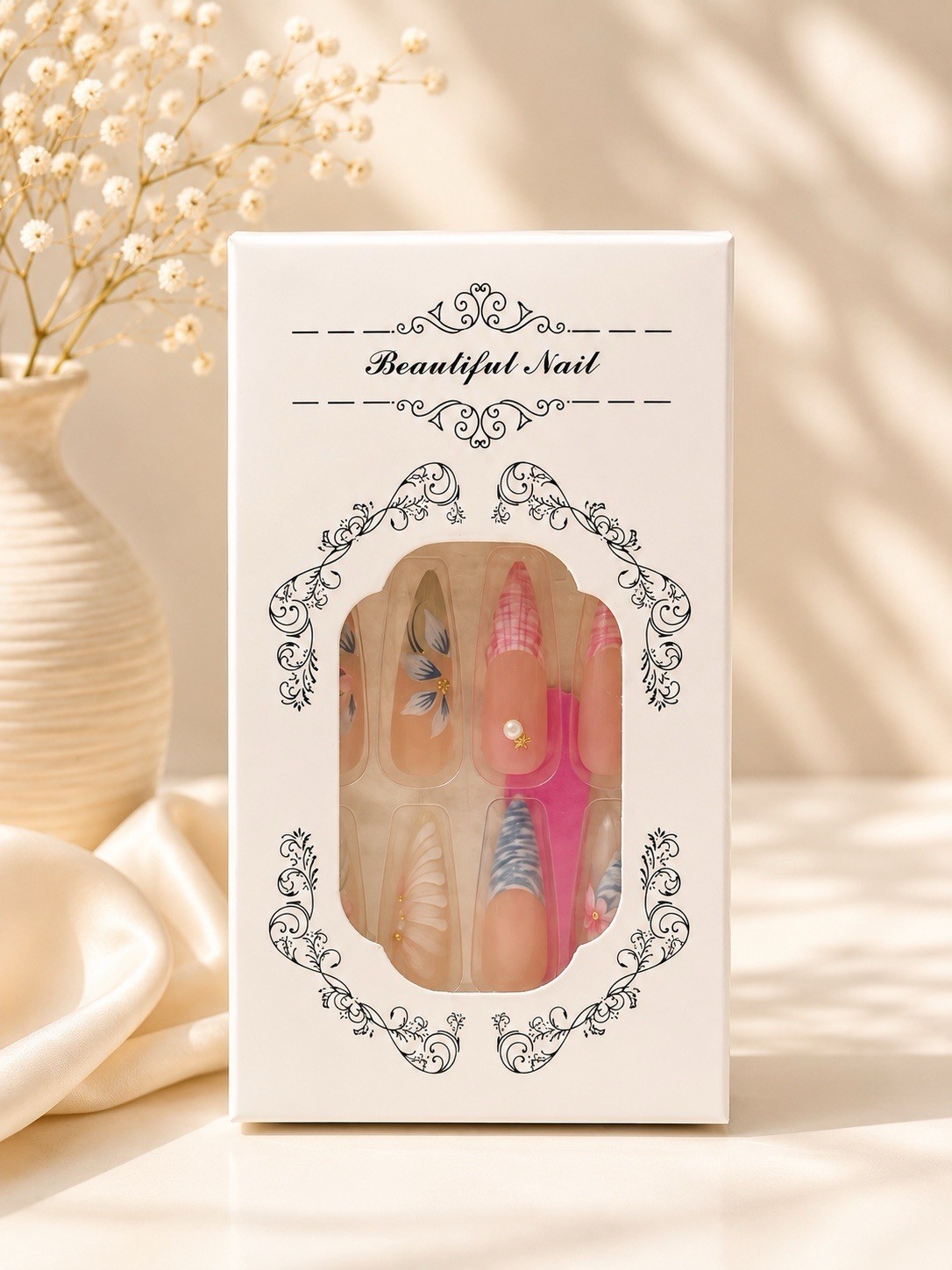 Beautiful Nail Long Stiletto Press-On Nails 3D Floral Multicolor Full Cover