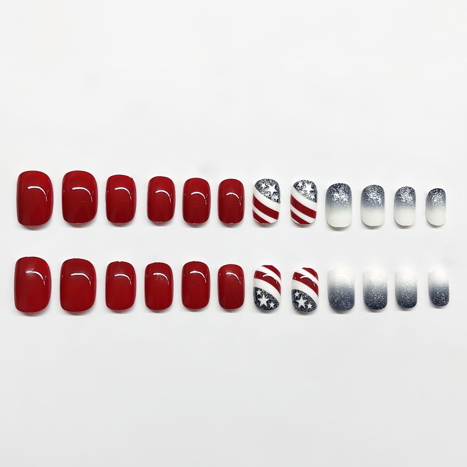 Patriotic Red Blue Glitter Square Press On Nails For Independence Day