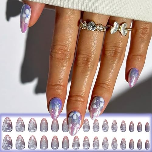 Gradient Cat Eye Press on Nails – Flower Acrylic Fake Sparkly Ombre Stick