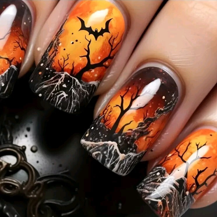 Halloween Fingernails Trees, Bats, Spooky Middle Length Black & Orange Reusable