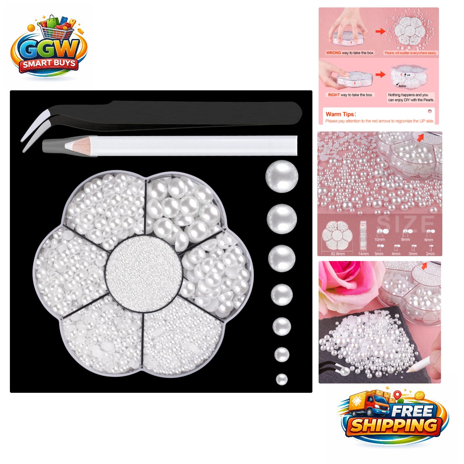 Versatile 2400-Piece White Pearls Set for DIY Nail Art, Body & Crafting Designs