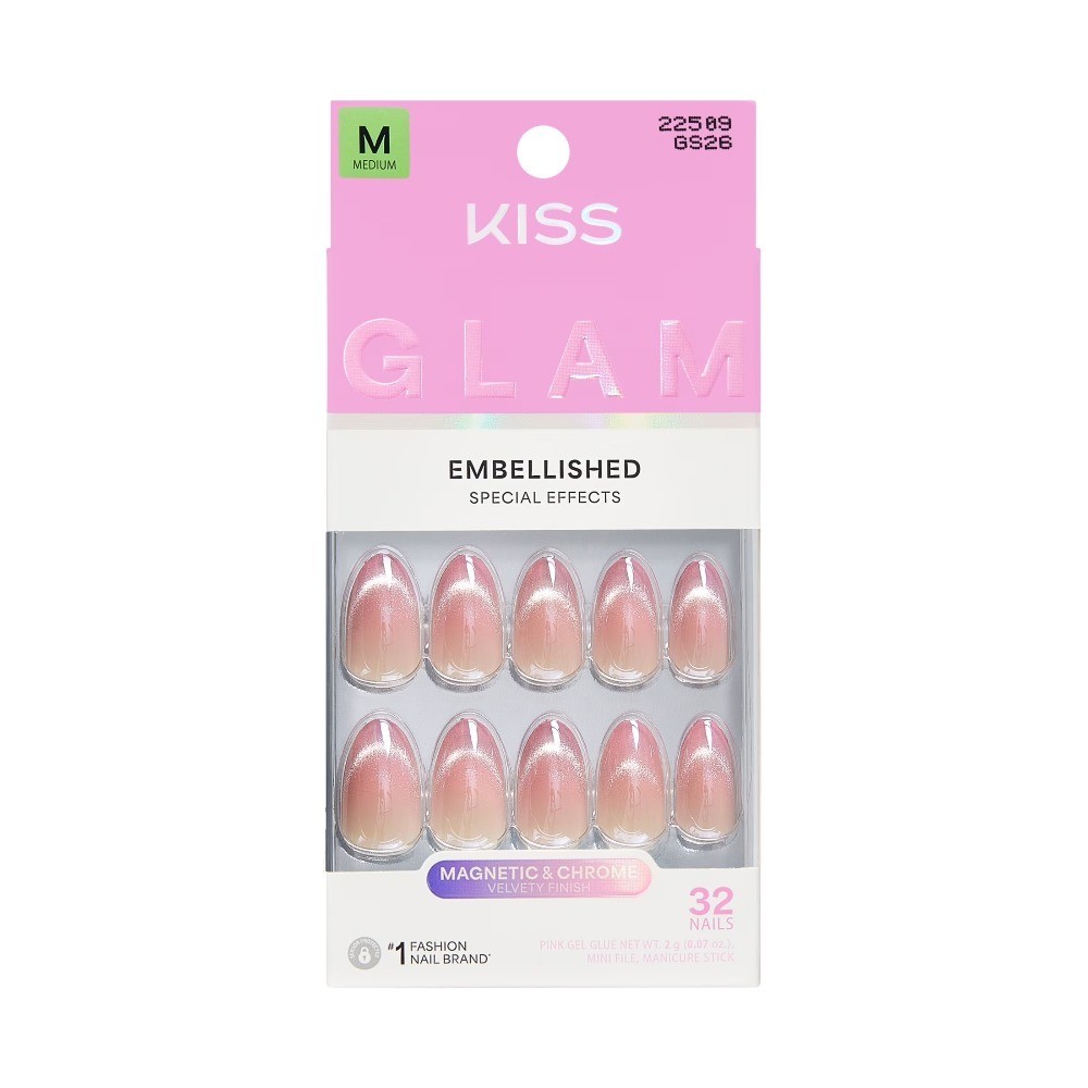 Glam Embellished Press On Nails Almond, ‘Stardust Wonder’, Pink, Medium, 32
