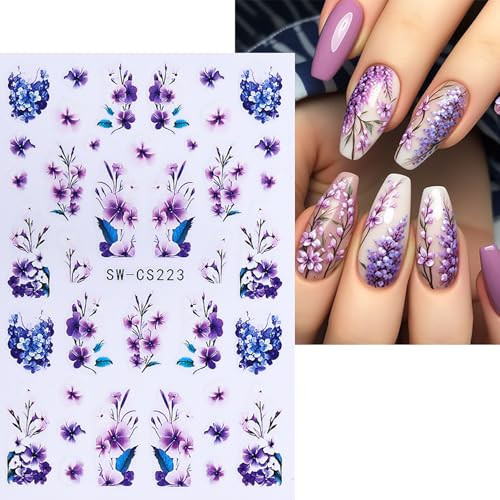 Flower Nail Stickers for Nail Art Spring Nail Decals 6PCS 3D Blue Purple Pink