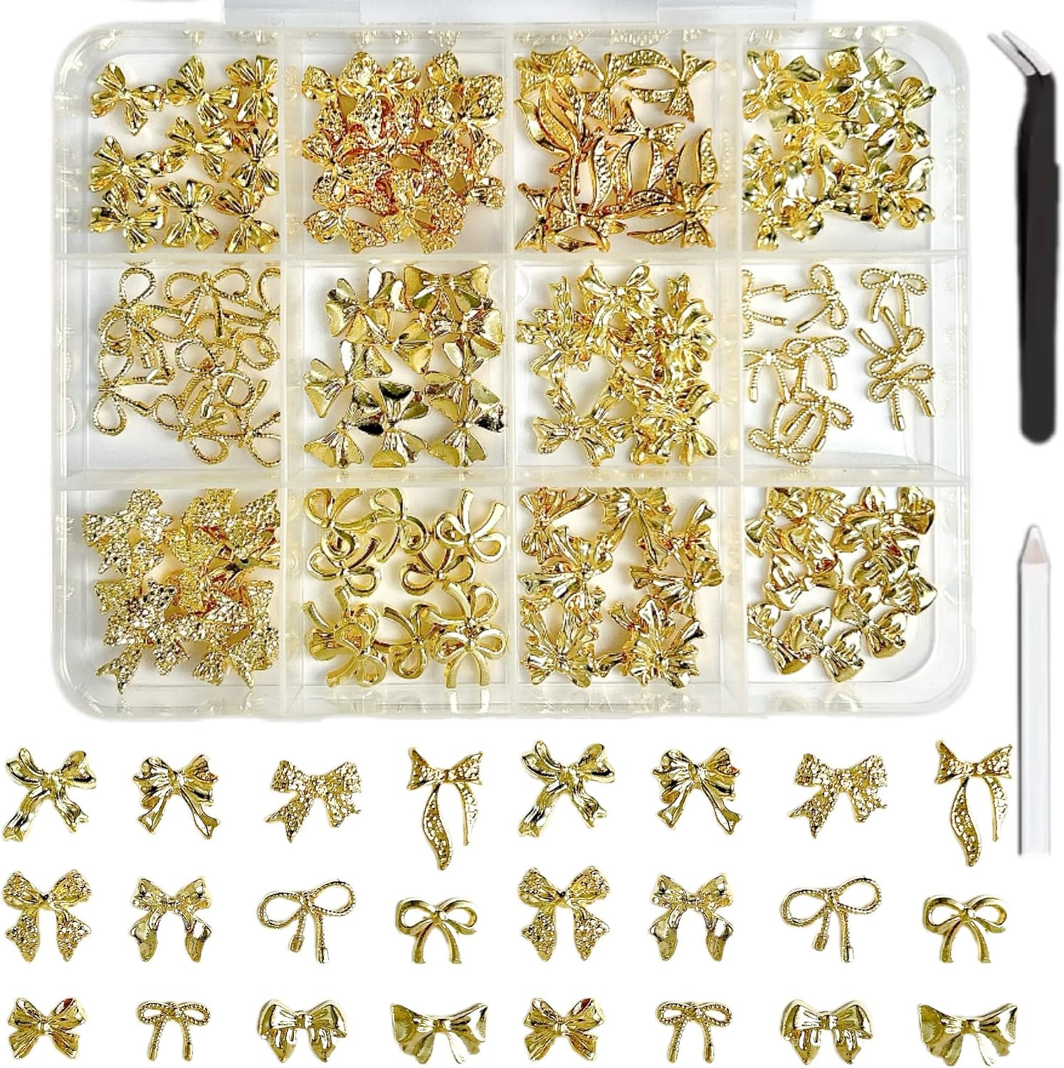 120Pcs Gold Bow Nail Charms, 3D Metal Alloy Bowknot Nail Art Golden Bows Charms