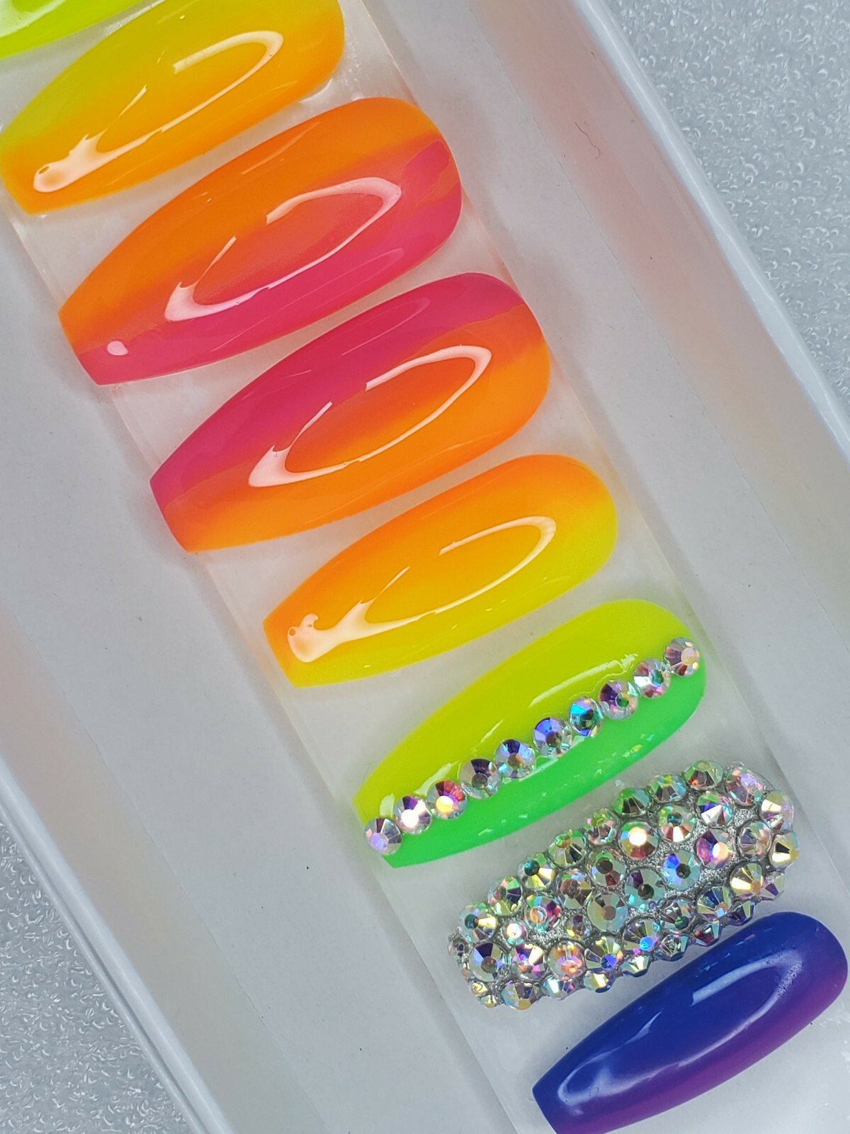 Neon Rainbow bling nails crystal pride set Press On nails diamond long coffin