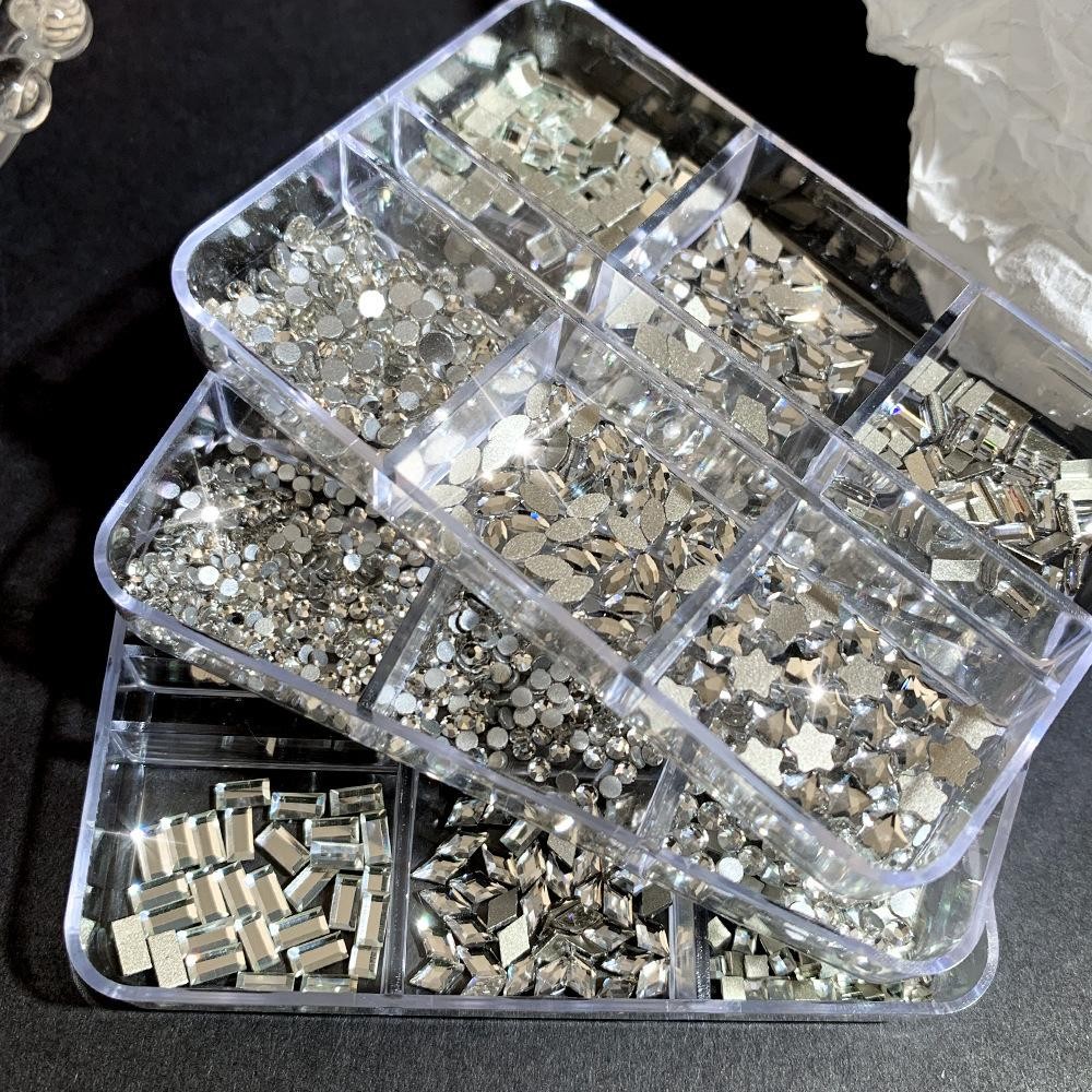Small Crystal Rhinestones Set, 1/6/12 Grid Flat Back for Gel Nail Art Projects