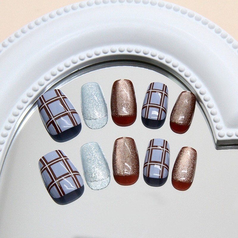 Square Press on Nail Cats Eye Fake Nail with Designs Full Cover Glues on Nail