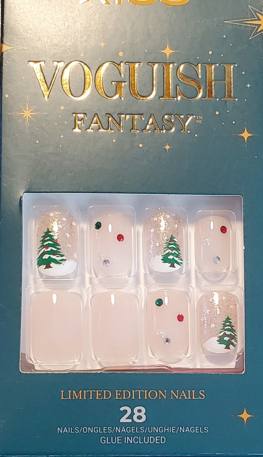 Kiss Voguish Fantasy Glue On Nail Short Nude with Red & Green Christmas Tree