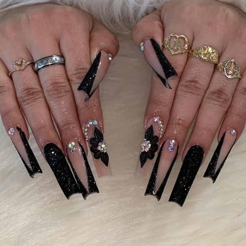 Press on Nails Long Square Fake Nails Black French False Nail Tips 89-20Black