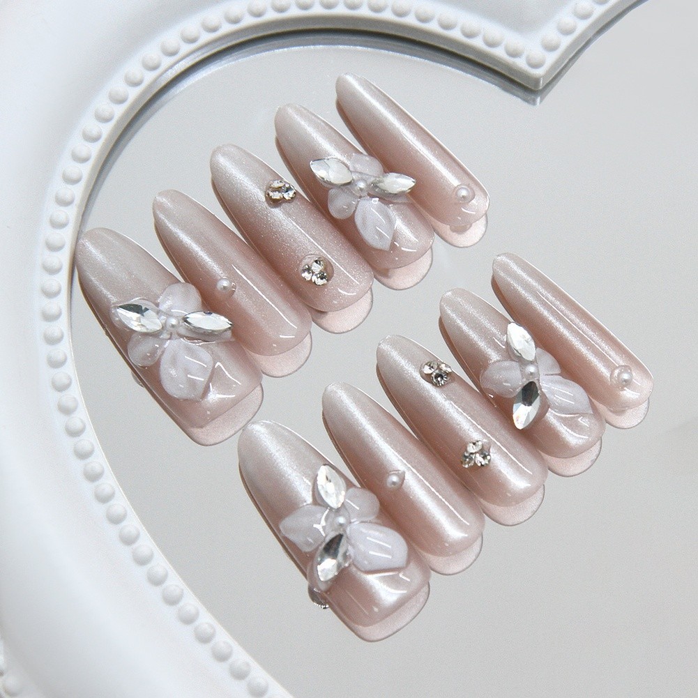 Cat Eye Gradient Press On Nails Featuring Pear Blossom Glitter Accents