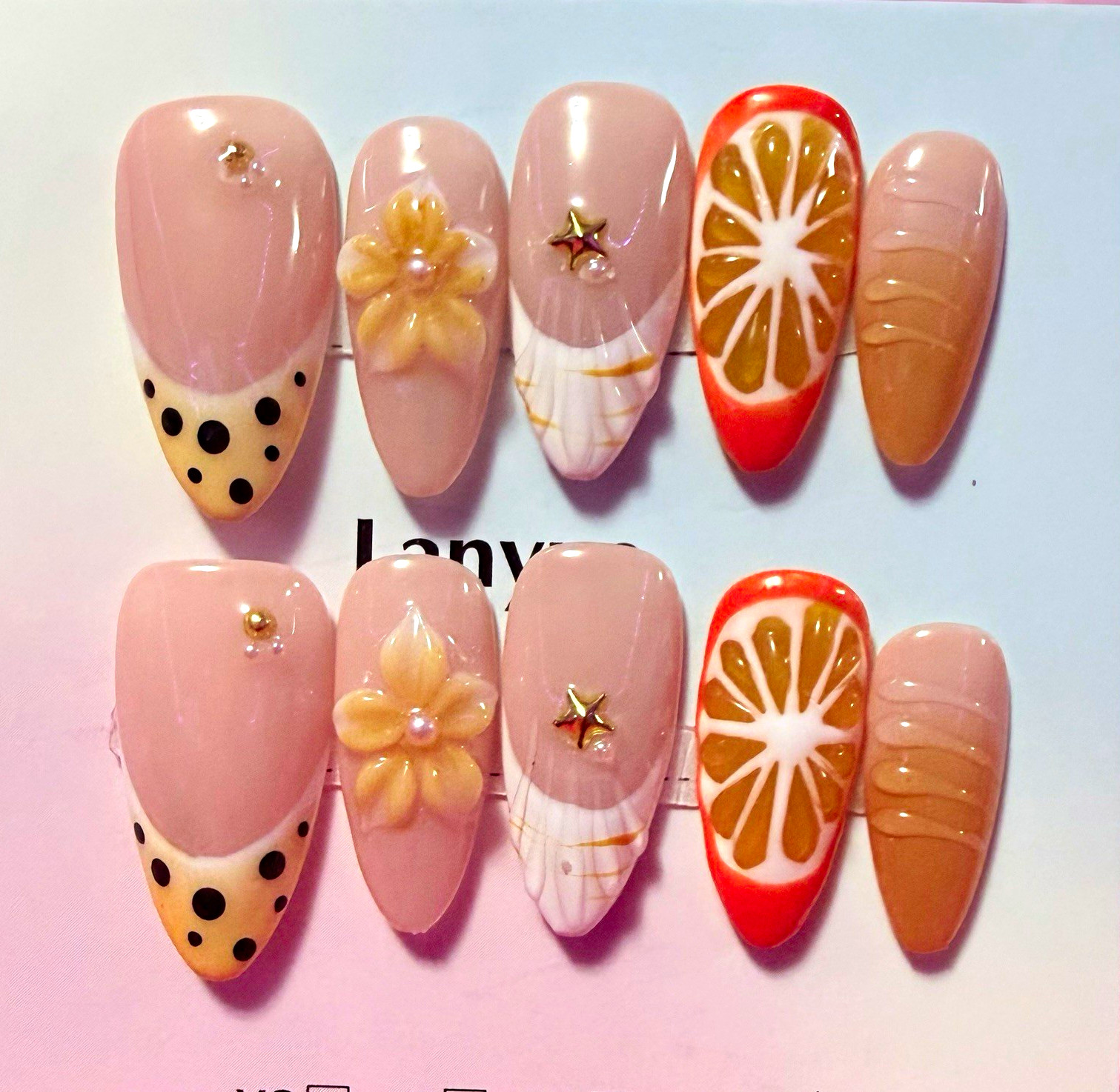 Pink/Orange/Beige/White 3D Fruit Almond Press-On Nails, size large