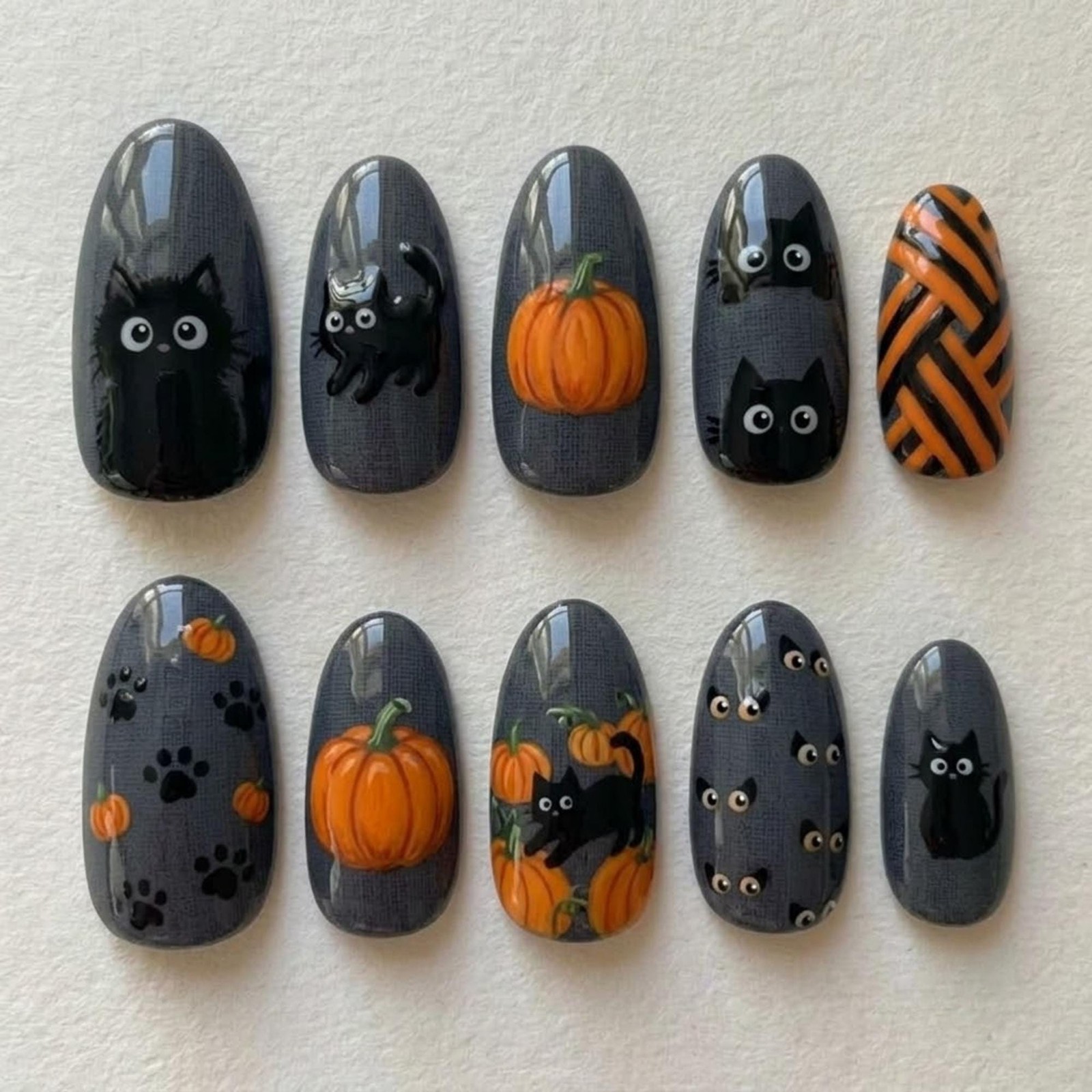 Custom Handmade Grey Linen Halloween Black Cat Pumpkin Almond Press on Nails