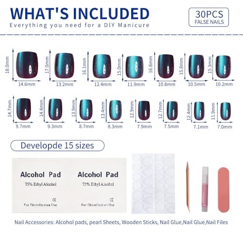 Teal Blue Cat Eye Press On Nails – Square Fake Nails with M11 Galaxy Blue