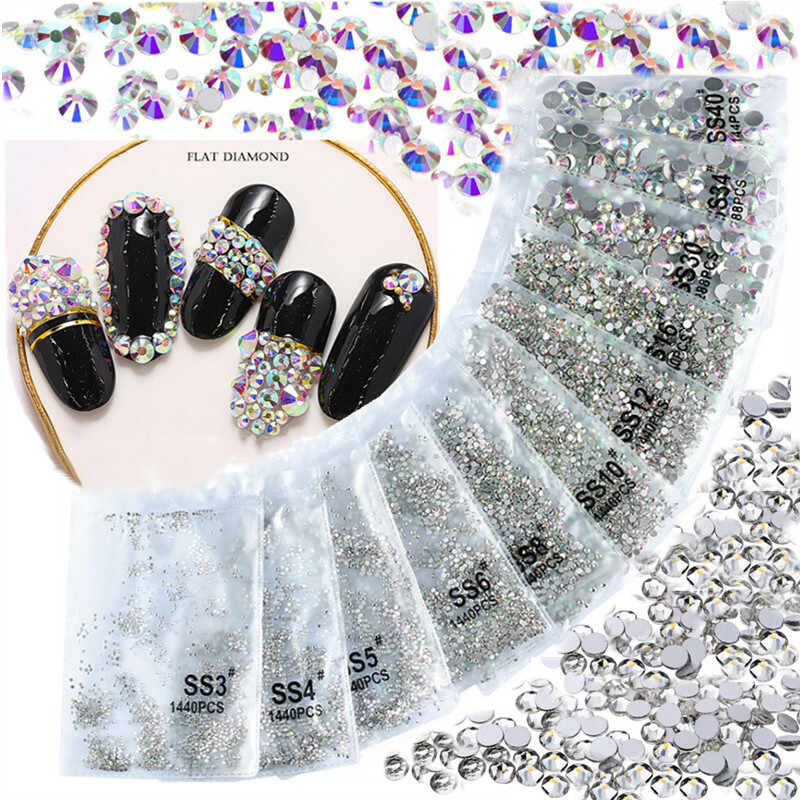 1440pcs Crystal Glass Flatback Rhinestones Glitter 3D Nail Art Gems Tips Decor