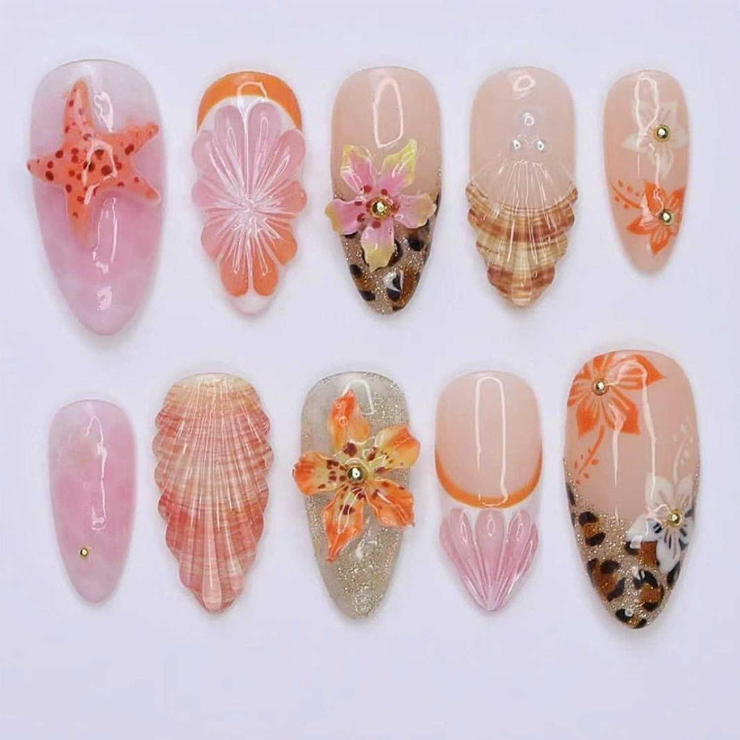 30Pcs Summer Press on Nails Medium Almond Cute Flower Fake Nails Pearl Rhineston