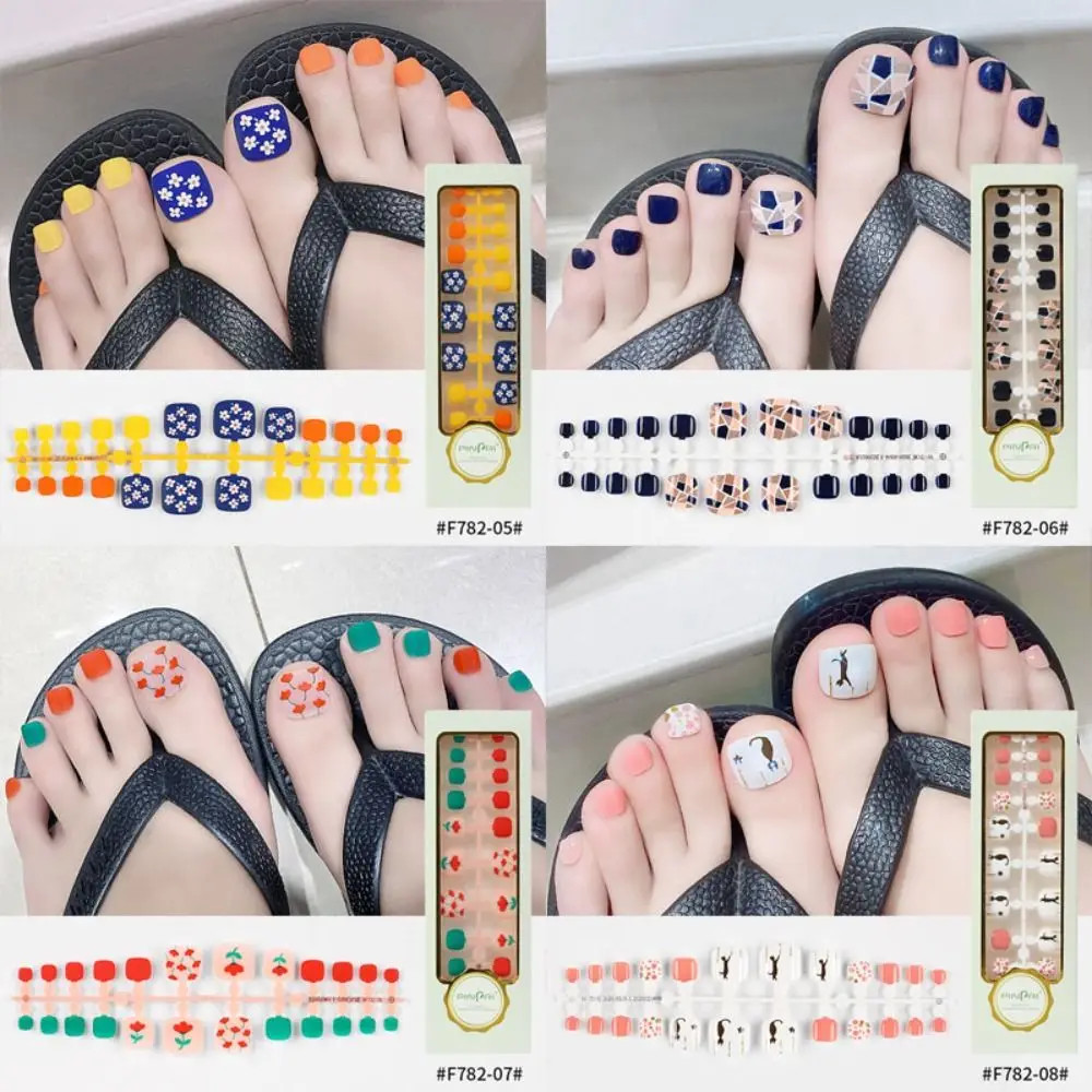 24pcs Sequins Full Cover Short Square Artificial Fake Toenails for Women Foot