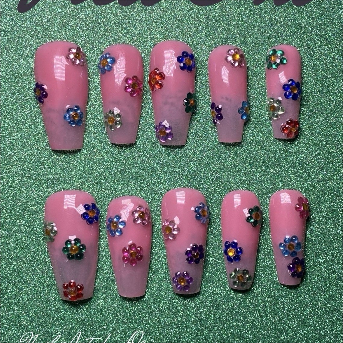 Nail Art by Dia Long Coffin Press-On Nails 3D Glitter Pink Multicolor Flower
