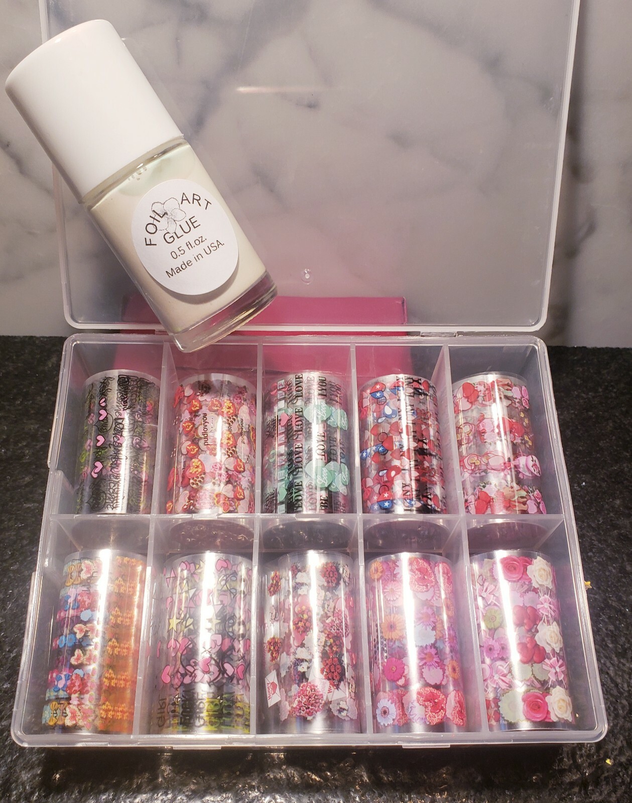 Transfer foil nail art 10 rolls Box + LIQUID GLUE Foil . USA Seller
