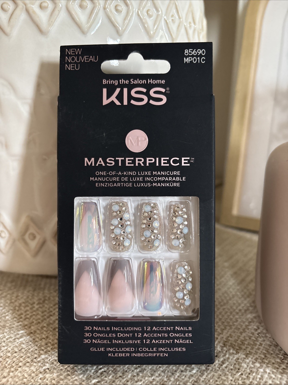 Kiss Fake Nails Masterpiece Luxe Manicure Bling Crystals Mauve Gold Glitter NIB