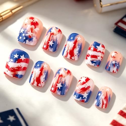4th of July Press On Nails – Short Square Fake Nails – 4th of July – 20