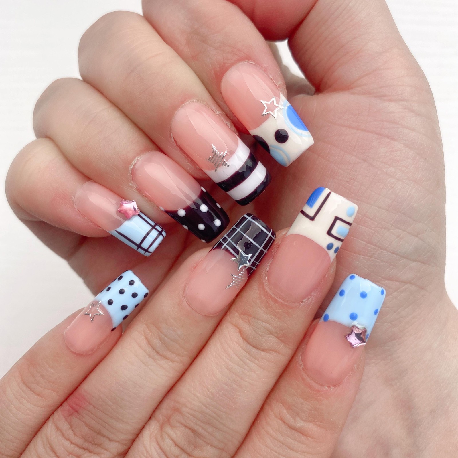 Custom Handmade French Tip Plaid Polka Dot Star Bow Long Square Press on Nails