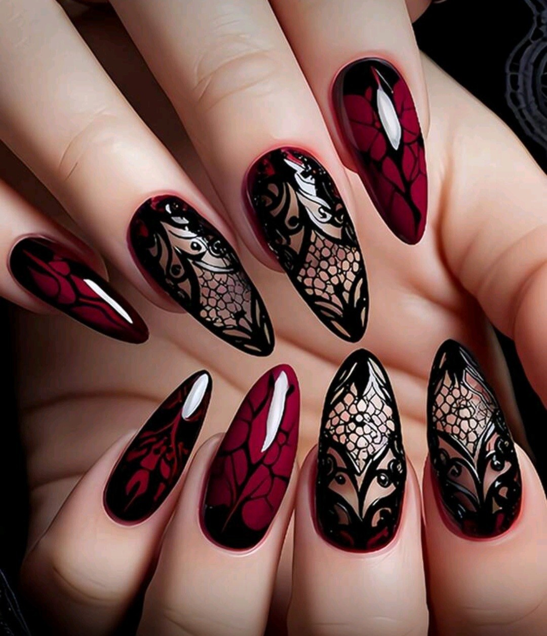 Press-On Nails Gothic Vintage Black Red Lace Medium/Long Almond
