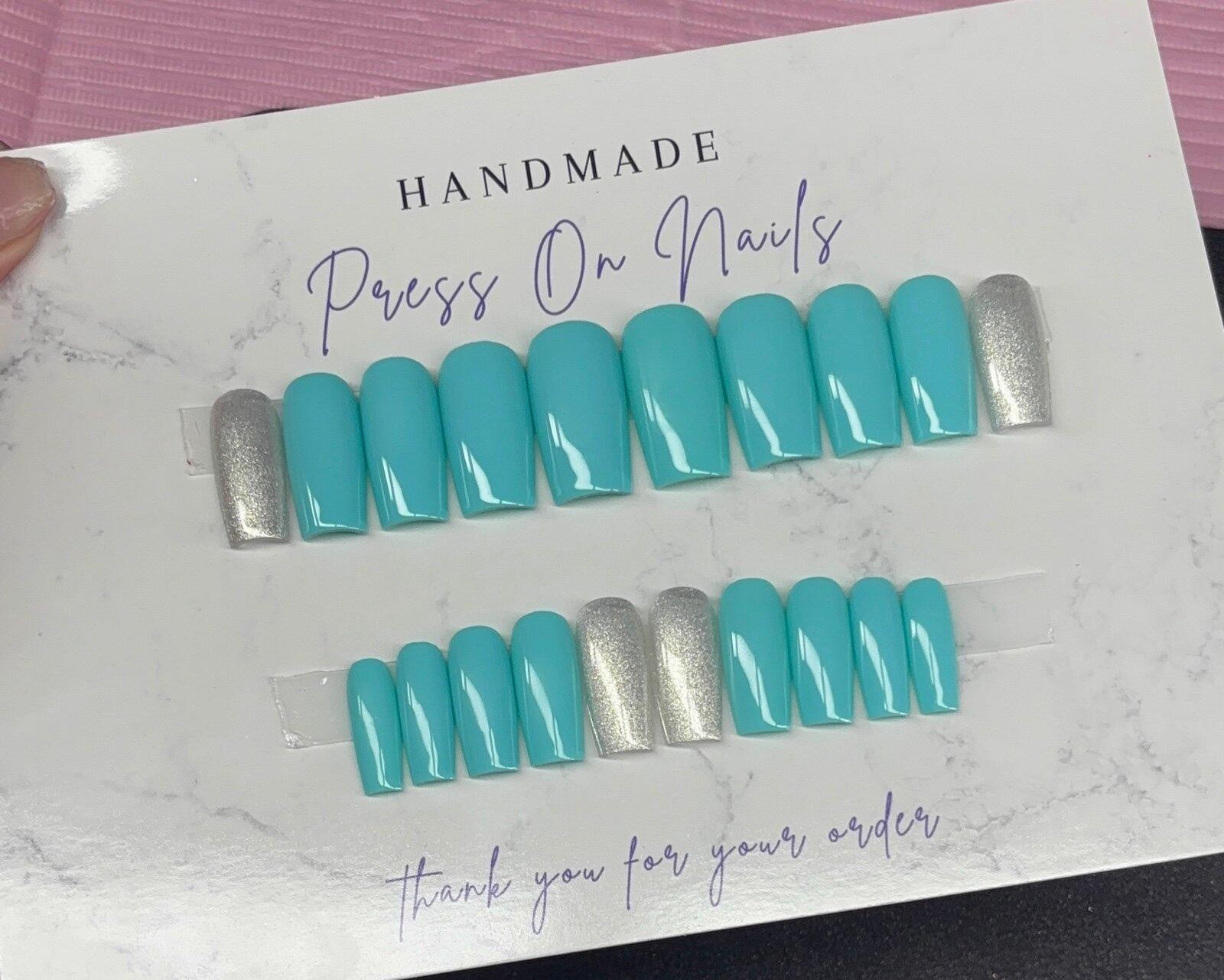 Medium square Press on nails silver glitter teal light blue handmade custom gel