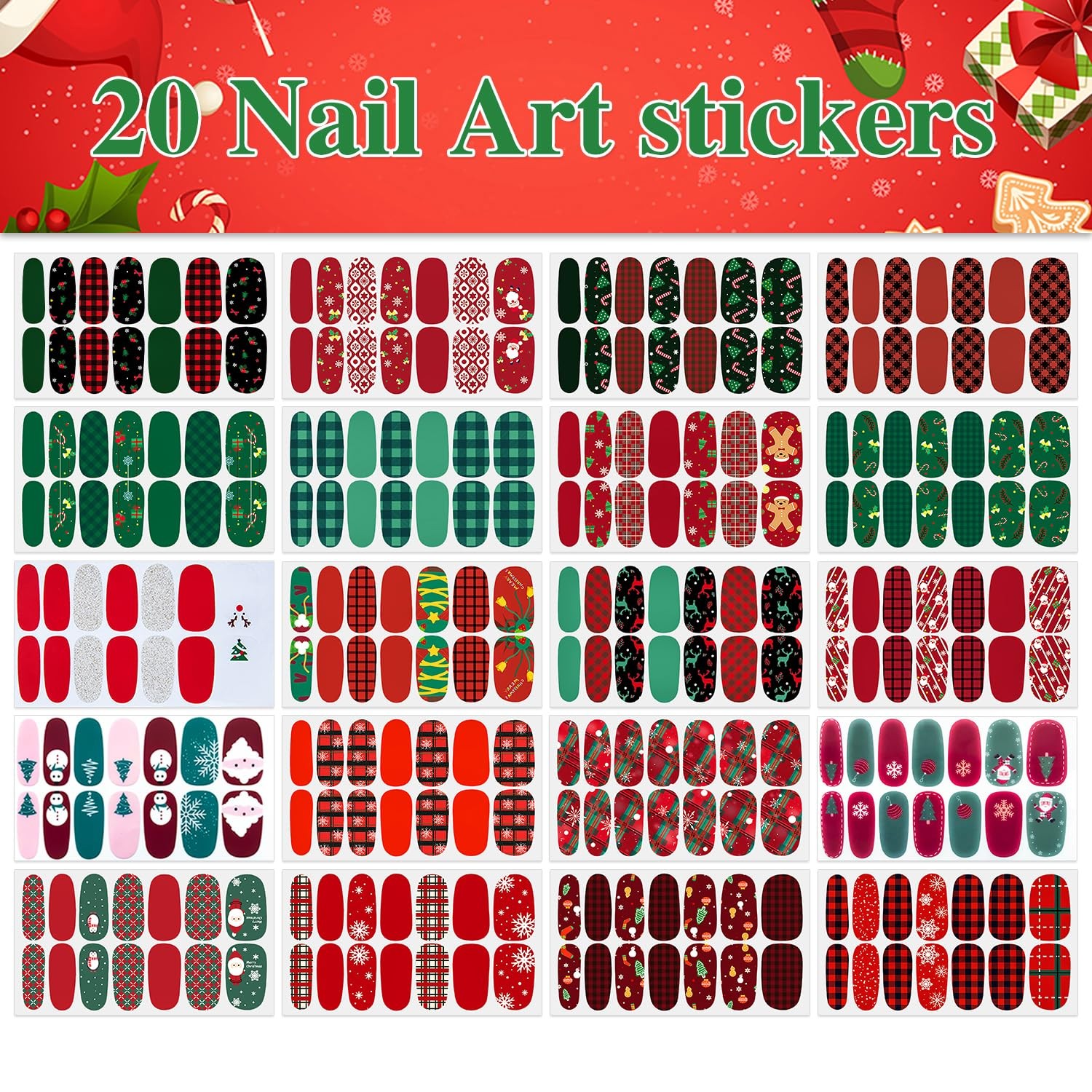 20 Sheets Christmas Nail Polish Strips Full Nail Wraps for Women Girls Nail A…