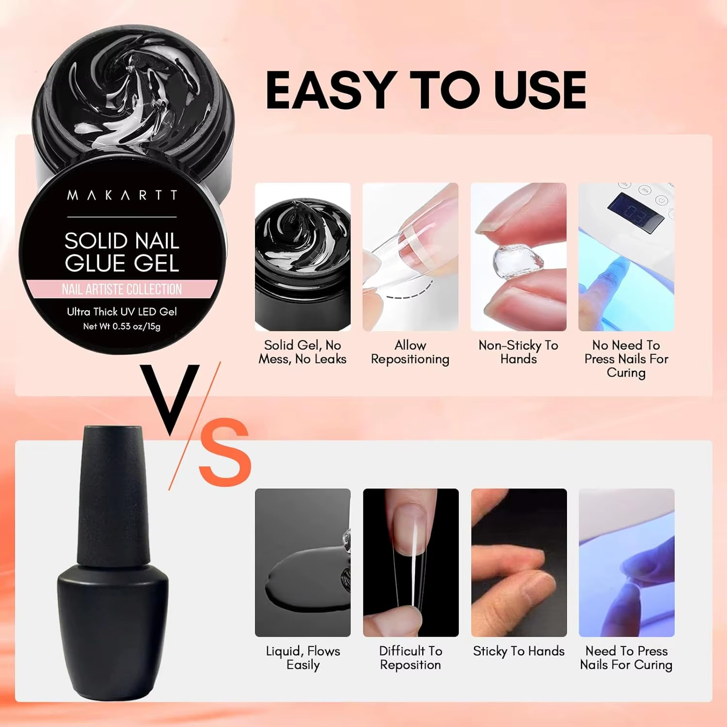 Solid Nail Gel for Acrylic Nail Tips Glue Gel Curing Needed UV Cured for Press o