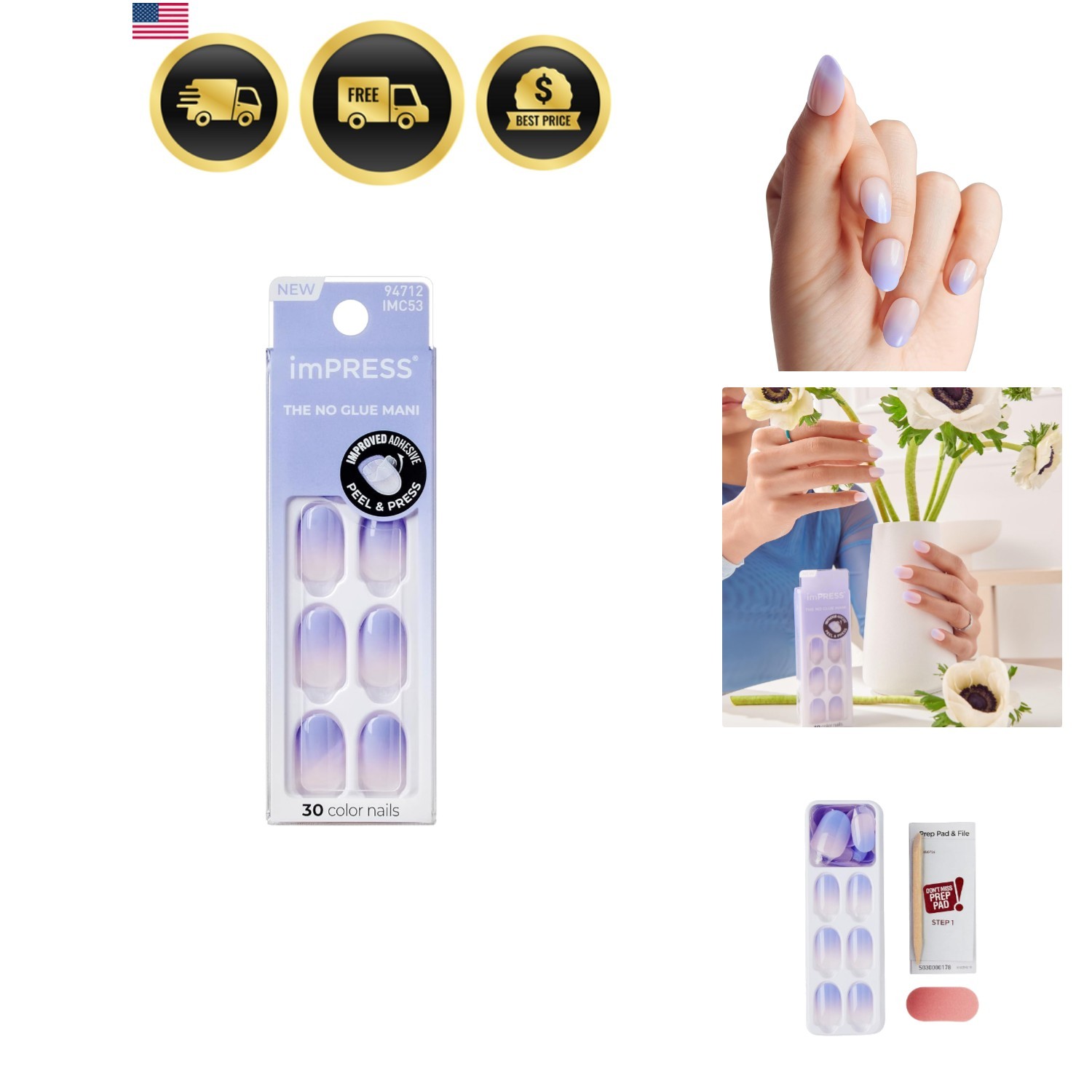 Color Ombre Press On Nails, ‘Friendzone’, Blue, Short Oval, PureFit Technolog…