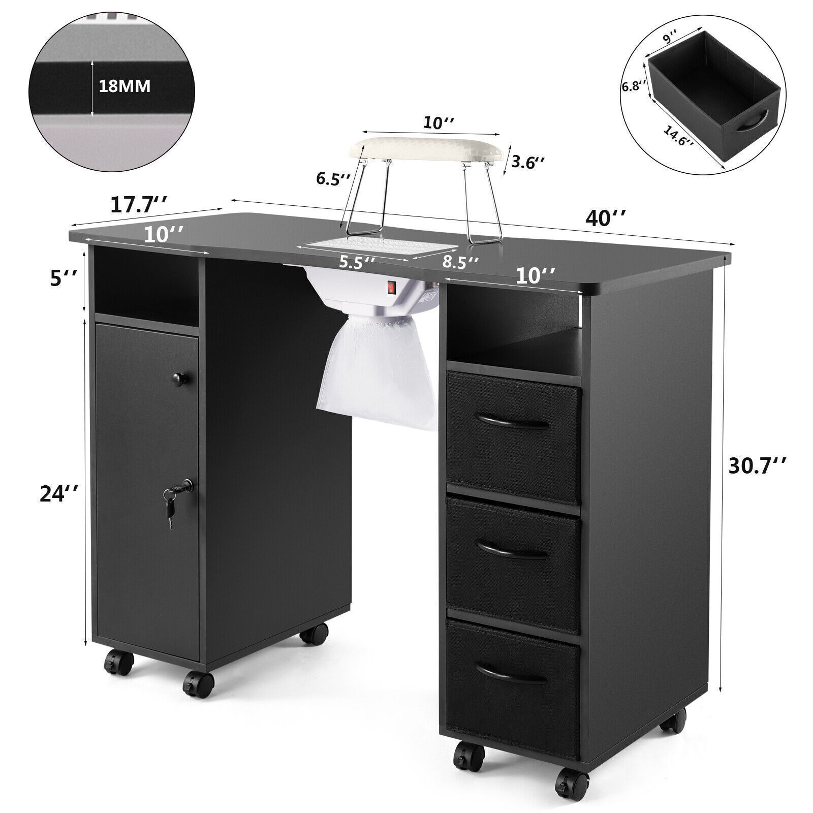 Pro Manicure Table Nail Desk Beauty Salon Dust Collector Drawers+Wheel+Wrist P6J