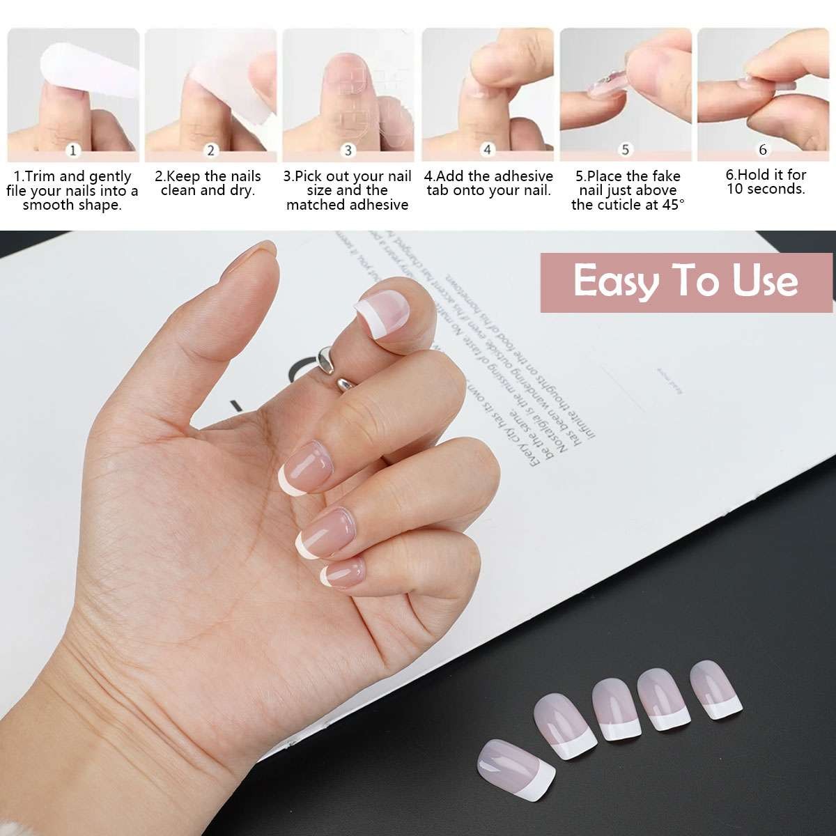 24pcs Short Square White French Style Fake Nail False Nails Press On Nails Glue
