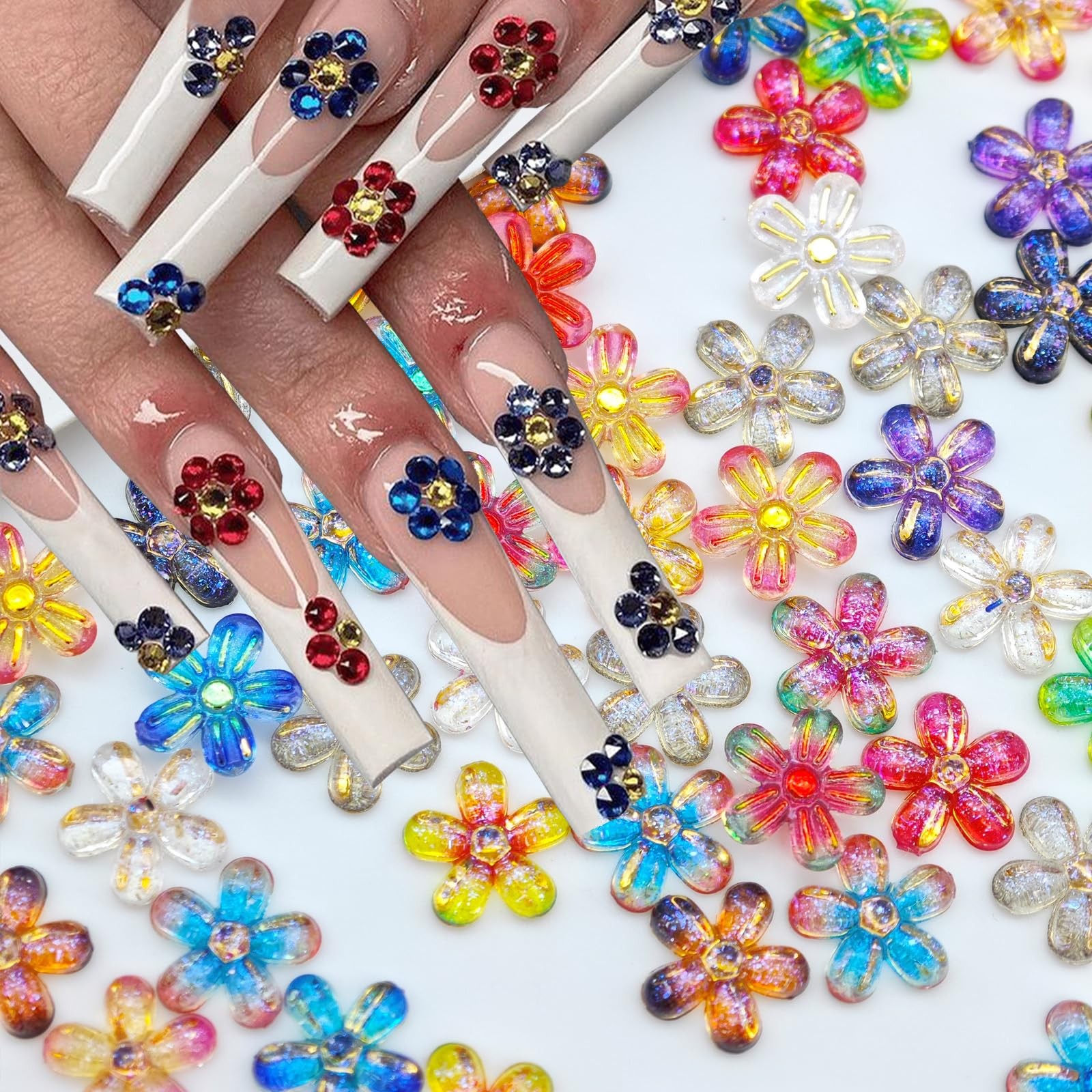 100Pcs Aurora Flower Nail Charms and Gems Glitter Floral Nail Rhinestones for…