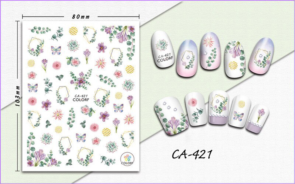 Nail art 3D stickers decal pink lilac green flowers butterflies CA421