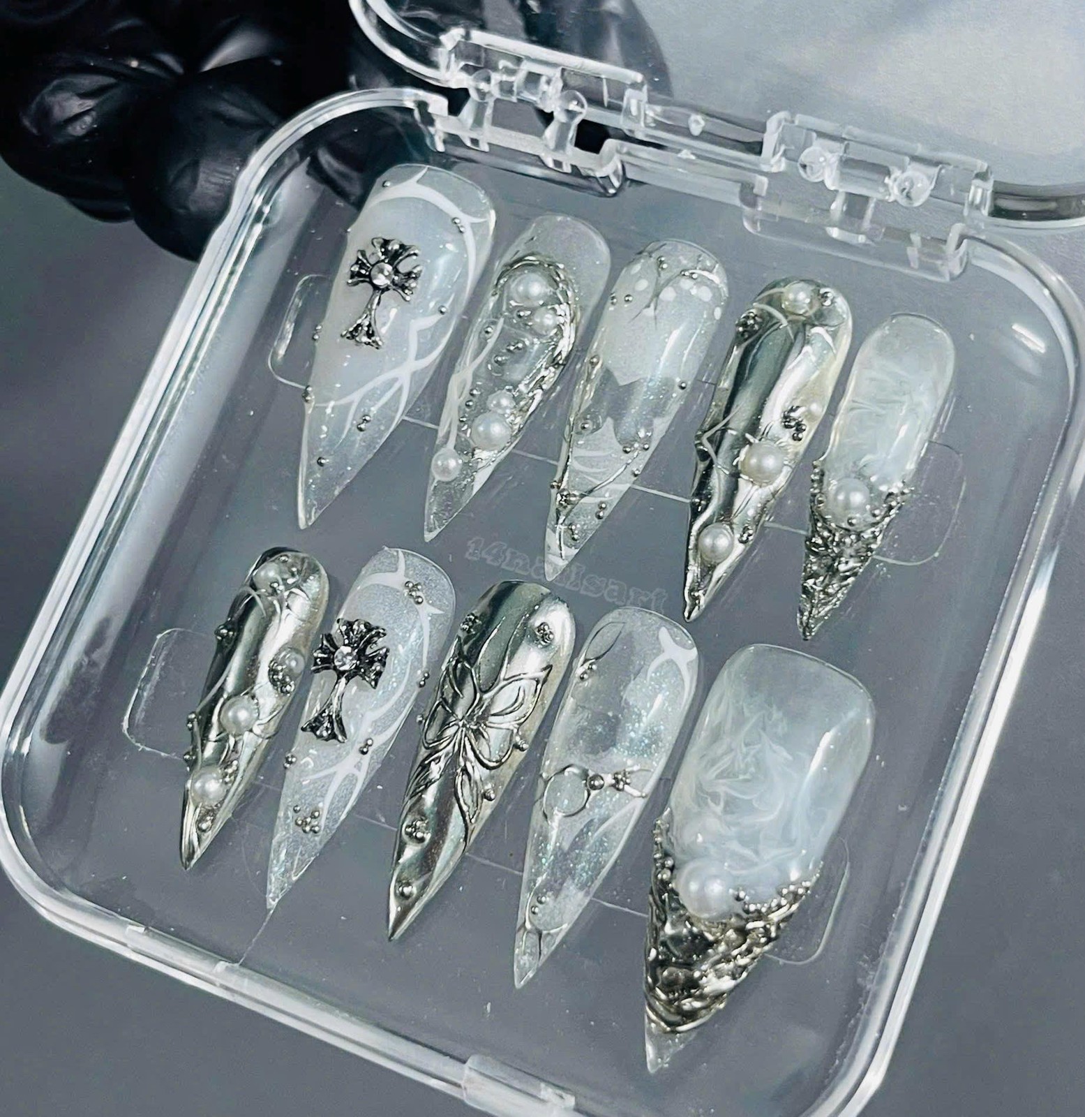 Handmade Custom Y2K Silver Metal Cross Butterfly Pearl Stiletto Press on Nails