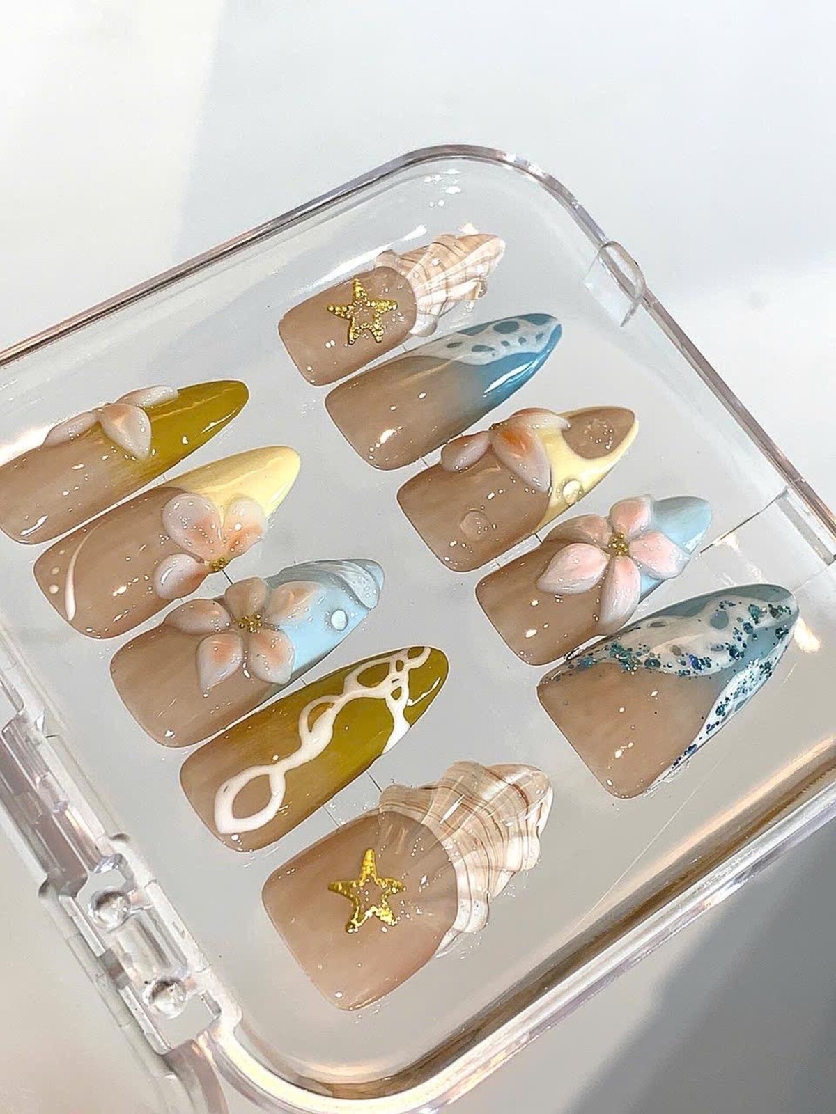 Handmade Ocean 3D Plumeria Starfish Shell Medium Almond Press on Nails