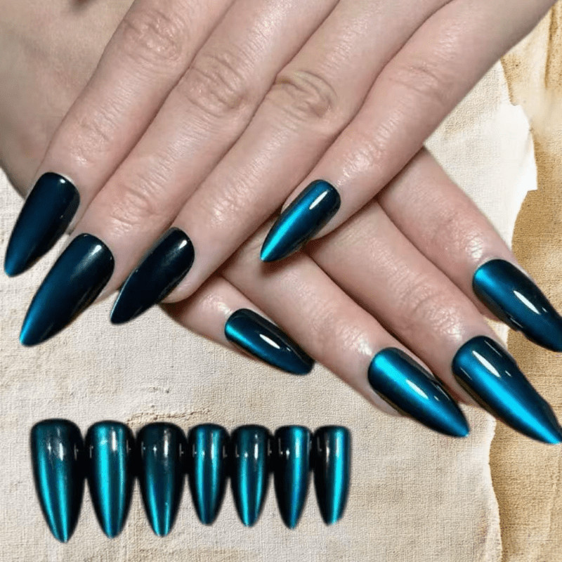 48Pcs-Long Stiletto Teal Blue Cat Eye Glossy Press on Nails Luxury Solid Color
