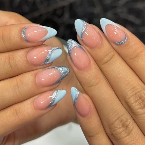 Light Blue French Tip Press on Nails – Medium Almond – QUNQINLI Fake Design AB2