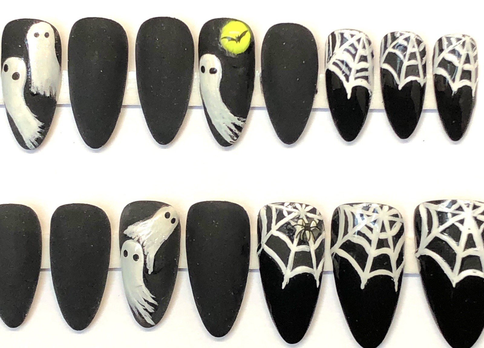 Handmade Custom Press On Nails Med Almond Ghosts Spiders Black Halloween Nails
