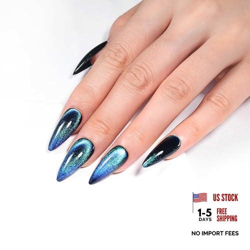 Stiletto Press on Nails – Deep Space Blue Long Fake Nails – Velvet Effect