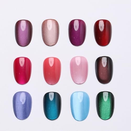 288Pcs Cat Eye Press on Nails Short Almond Fake Nails 12 Color Glitter Style 12