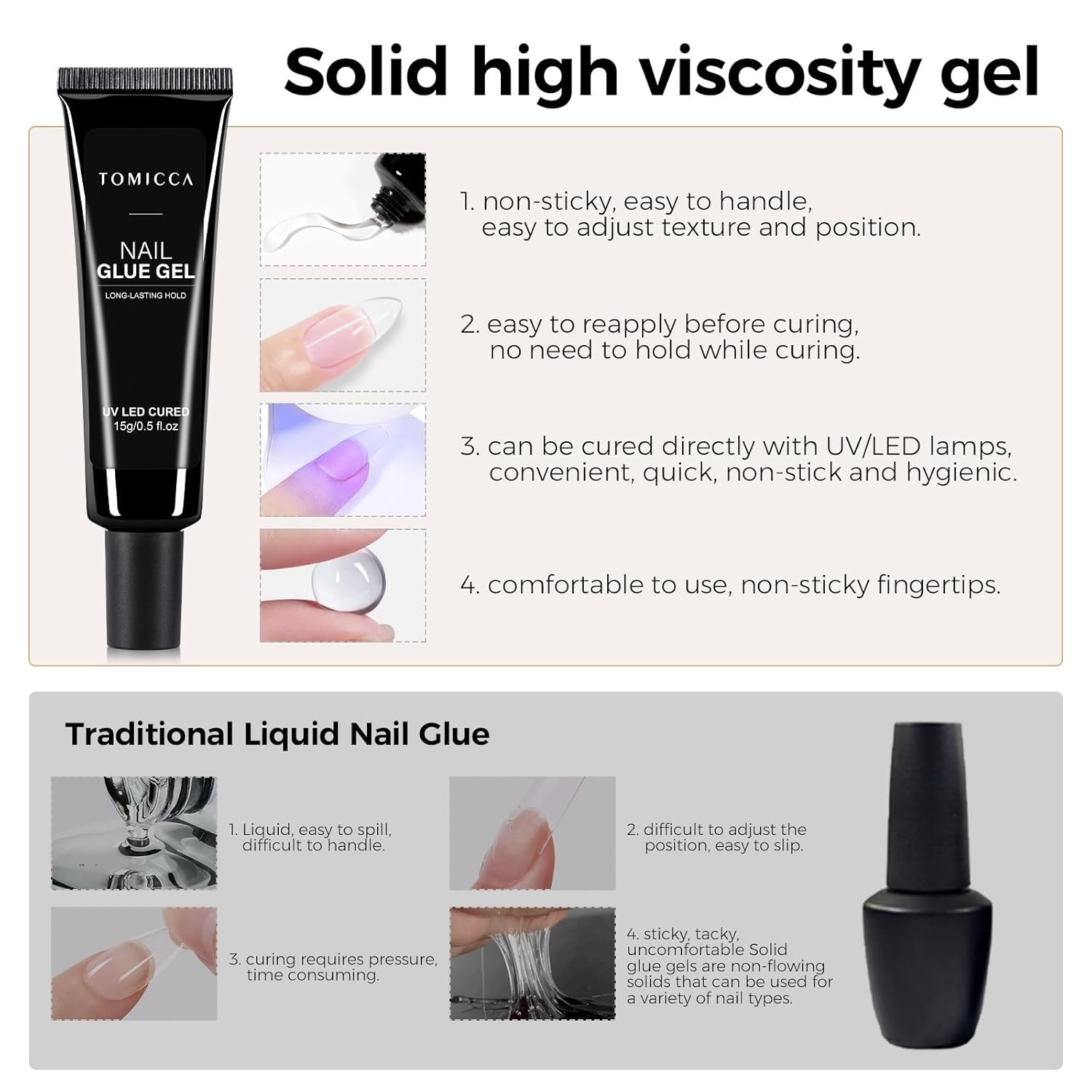 Solid Nail Glue Gel, 15g Long Lasting Strong Adhesive No-Stick Hands for Nail Ti