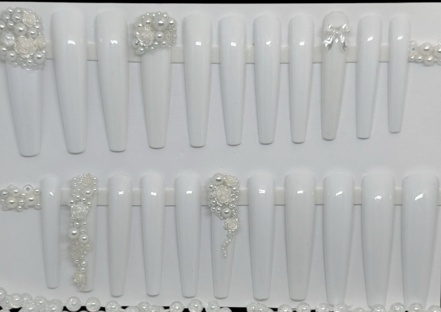 Handmade Custom Press on Nails 2X Long Coffin Wedding White Pearls & Roses Nails