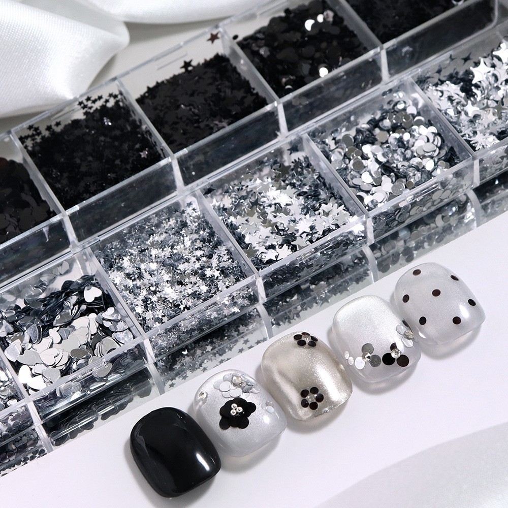 Mixed Size 1/2/3MM Silver Black Nail Glitter Sequins Heart Star Flakes for Nails
