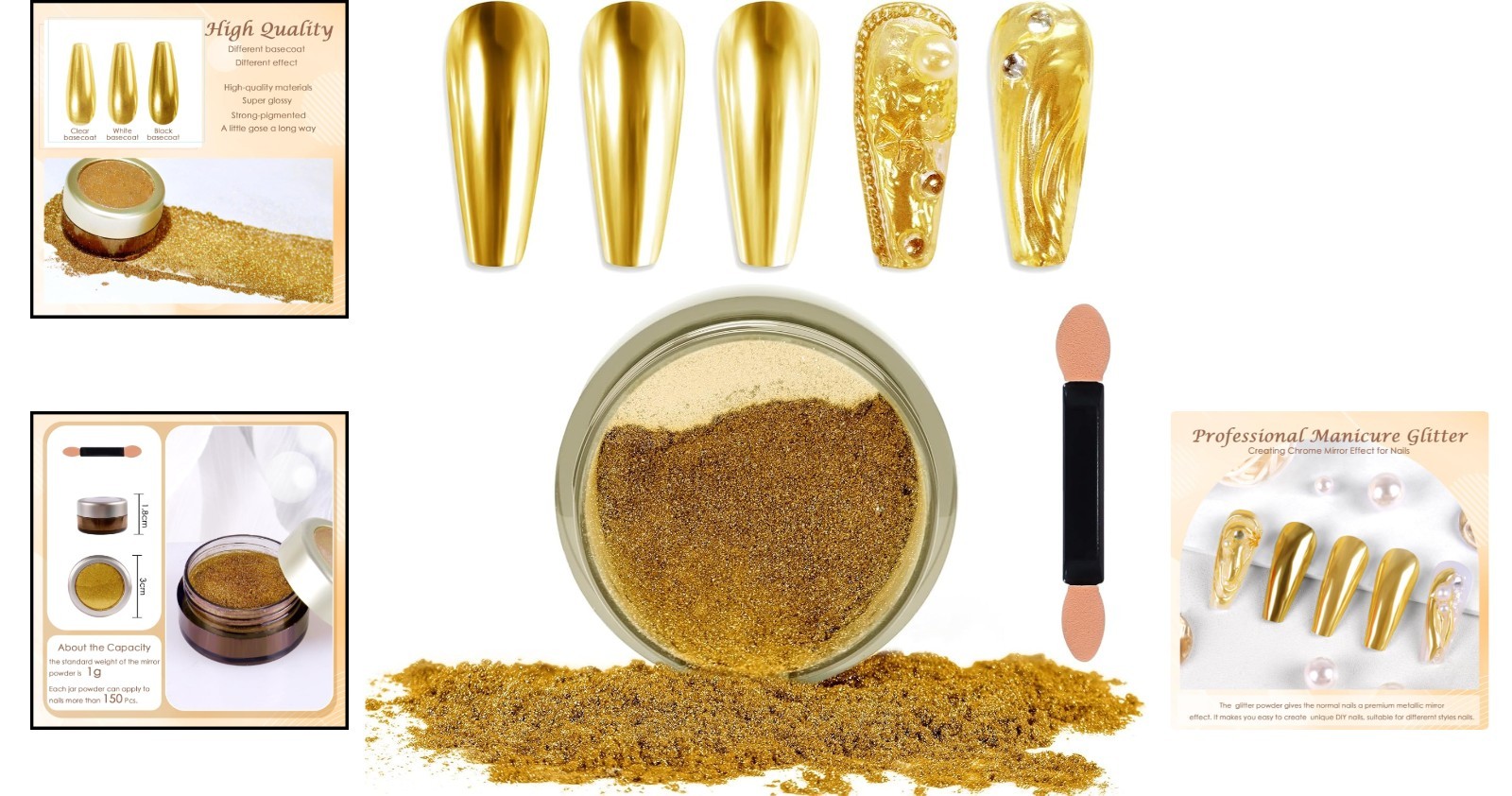 Bright Gold Chrome Nail Powder – Mirror Effect Pigment for Glamorous DIY Nails