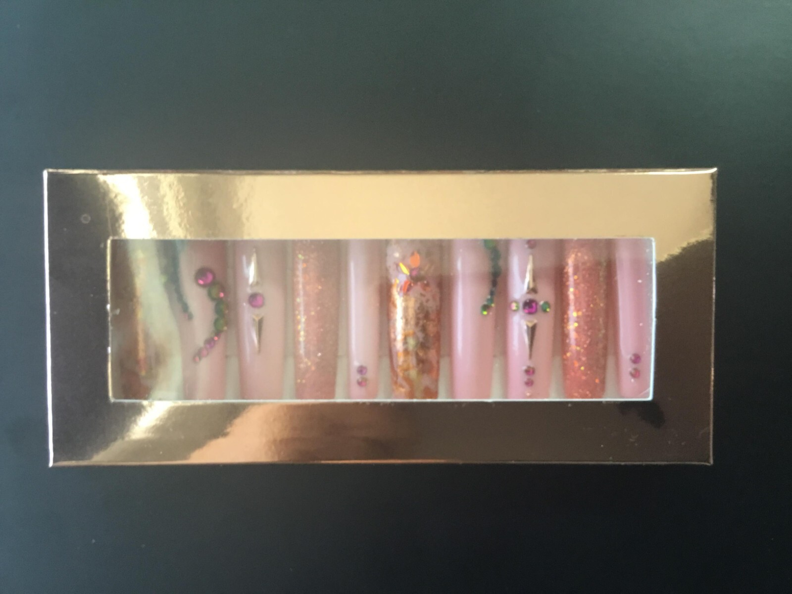 Peach-Pink Gemmed Long Square No Curve Press-On Nails, Medium – Handmade