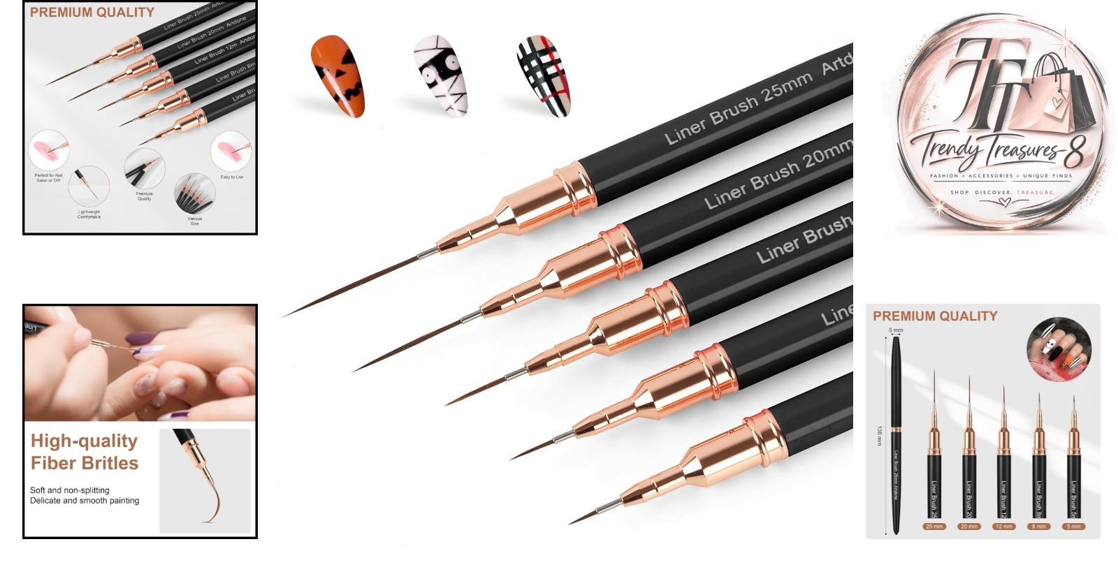 5PCS Black Metallic Nail Brushes for Fine Lines & Intricate Nail Art Design