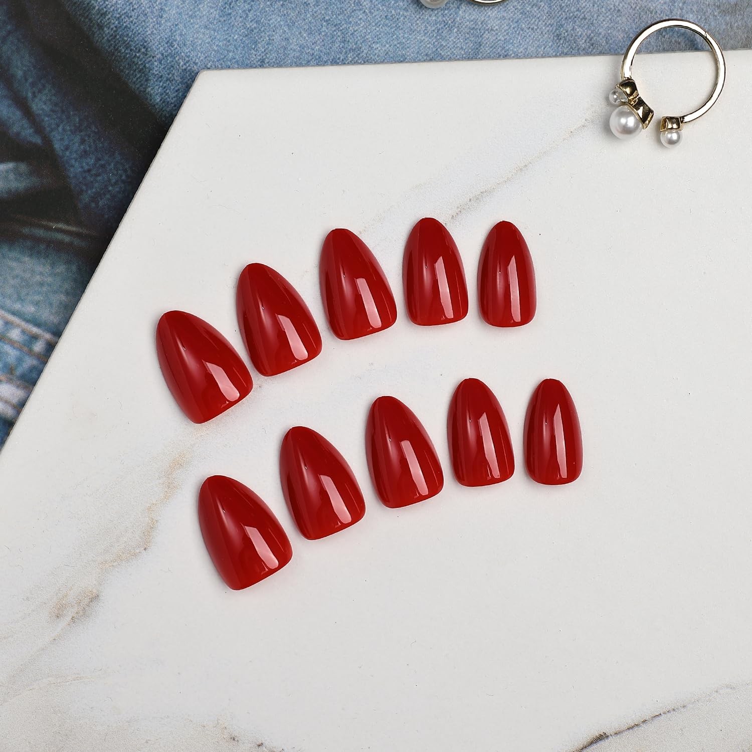 Red Almond Press on Nails Short Reusable False Nails Full Cover Fake Nails Ki…