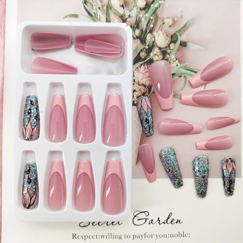Coffin Press on Nails Medium Dark Pink French Tip Fake Nails Glitter Flower